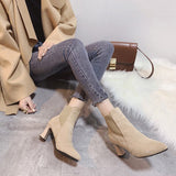 lovefery Autumn Winter Women Boots Elastic Ankle Boots Pointed Toe Thick Heel High Heels Shoes Woman Female Plus Fleece Warm Socks Boots