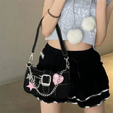 LoveFery - Y2k Cool Shoulder Bag for Women Heart Letter Star Applique Chain Black Handbag Hip Hop Punk High Quality Cute Underarm Bag