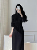 lovefery Korean White Fashions High Neck Knitted Warm Sweater Dress Autumn Winter Female Black Classy Retro Slim Waist Long Dress Simple