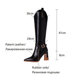 lovefery  fashion inspo    NEW Fall Shoes for Women Pointed Toe Square Heel Boots Split Leather Knee High Boots Rivet Plus Size Women Shoes High Heel Boots