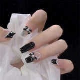 24Pcs Glitter Nails Set Press on With Glue Black Heart Design Fake Nails Detachable False Nails Full Cover Nail Tips for Girls