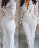 lovefery  Jumpsuit Women Overalls Party Lace Rompers White Bodysuit Long Sleeve V-neck Long Pants Y2k Elegant Autumn Spring Outfits Work