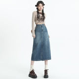 lovefery Retro Denim Skirt For Women Spring And Autumn New Summer Mid Length Slim A-line Split Long Skirt Skirt