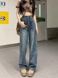 lovefery Retro Blue Distressed Korean Version High-waisted High-straight Design Loose Jeans