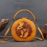 LoveFery -  New Retro Round Women's Genuine Leather Handbags For Ladies Luxury Designer Rabbit Embossed Shoulder Messenger Bags