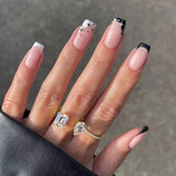 24Pcs Short Square Head False Nails Glitter Fake Nails with Rhinestone Manicure Wearable Ballet Full Cover Press on Nail Tips