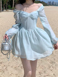 lovefery Long Sleeve Dress Female Blue Sweet A-Line Summer High Waist Vintage Slim Fairy Dress Princess Dress Sundress Beachwear Holiday Fairy Dress