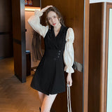 lovefery Korean Black Patchwork Short Dresses Women  Autumn New Fashion Slim Office Lady Notched Collar Long Sleeves Female Clothing