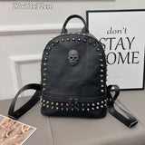 LoveFery - Soft PU Leather Women Backpack Punk Rock Skull Designer Handbags Female Backpack Black Rivet Backpack WHDV2095