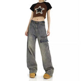 lovefery Hong Kong Style Retro High Waisted Workwear Jeans, Women's Summer New Unique Design, Straight Pocket, Floor Long Pants