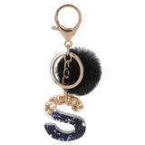 LoveFery - Black Pompom Letter Keychain Glitter Gradient Resin A-Z Initials Alphabet Keyring Pendant Women Handbag Phone Decorative Gift