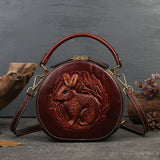 LoveFery -  New Retro Round Women's Genuine Leather Handbags For Ladies Luxury Designer Rabbit Embossed Shoulder Messenger Bags