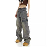 lovefery Hong Kong Style Retro High Waisted Workwear Jeans, Women's Summer New Unique Design, Straight Pocket, Floor Long Pants