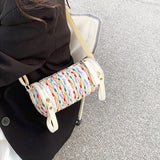 LoveFery - Canvas Bags Summer Fashion Designer Handbags for Women Girl Casual Rainbow Colors Striped Woven Barrel Shaped Shoulder Bags