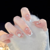 24Pcs Wearable False Nails with Glue Glitter Heart-shaped Rhinestone Design Full Cover Nail Tips Acrylic Fake Nails Press on