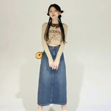 lovefery Retro Denim Skirt For Women Spring And Autumn New Summer Mid Length Slim A-line Split Long Skirt Skirt