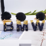 LoveFery - Black Pompom Letter Keychain Glitter Gradient Resin A-Z Initials Alphabet Keyring Pendant Women Handbag Phone Decorative Gift