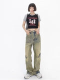 lovefery Vintage Street Deconstructed Design Sense Jeans Yellow Mud Dyed Old Vintage Straight Tube Loose Wide Leg Pants Women's Jeans