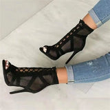 lovefery New Fashion Show Black Net Fabric Cross Strap Sexy High Heel Sandals Woman Shoes Pumps Lace-up Peep Toe Sandals Casual Mesh