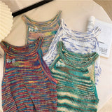 lovefery Colorful Striped Summer Tanks Tops Women Korean Rainbow Sleeveless Shirts Top O-Neck Slim Knitted Top Slim Sexy Streetwear