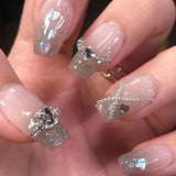 24Pcs Wearable False Nails with Glue Glitter Heart-shaped Rhinestone Design Full Cover Nail Tips Acrylic Fake Nails Press on