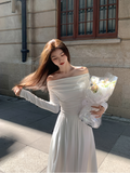 lovefery Autumn Fashion White Knitted Dress Women Elegant Sexy Off Shoulder Slim A-Line Robe Korean Spring Casual Long Sleeve Clothing