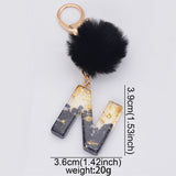 LoveFery - Black Pompom Letter Keychain Glitter Gradient Resin A-Z Initials Alphabet Keyring Pendant Women Handbag Phone Decorative Gift