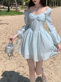 lovefery Long Sleeve Dress Female Blue Sweet A-Line Summer High Waist Vintage Slim Fairy Dress Princess Dress Sundress Beachwear Holiday Fairy Dress