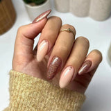 24Pcs Almond False Nails with Rhinestone Long Stiletto Fake Nails Gold Glitter Powder Design Press on Nails Full Cover Nail Tips