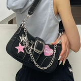 LoveFery - Y2k Cool Shoulder Bag for Women Heart Letter Star Applique Chain Black Handbag Hip Hop Punk High Quality Cute Underarm Bag