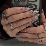 24pcs y2k Sliver Cool Fake Nails Goth Style 3D False Nail Patch Lady Women Wearable Detchable Artificial Nails Patches for Girls