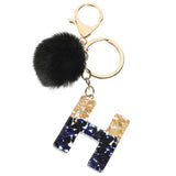 LoveFery - Black Pompom Letter Keychain Glitter Gradient Resin A-Z Initials Alphabet Keyring Pendant Women Handbag Phone Decorative Gift