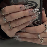 24pcs y2k Sliver Cool Fake Nails Goth Style 3D False Nail Patch Lady Women Wearable Detchable Artificial Nails Patches for Girls