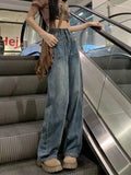 lovefery Retro Blue Distressed Korean Version High-waisted High-straight Design Loose Jeans