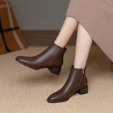 lovefery Women Ankle Boots Mid Heels Dress Shoes Woman Ol Office Lady Shoes Winter Botines with Zipper Black Botas De Mujer Brown