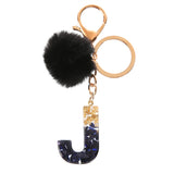 LoveFery - Black Pompom Letter Keychain Glitter Gradient Resin A-Z Initials Alphabet Keyring Pendant Women Handbag Phone Decorative Gift