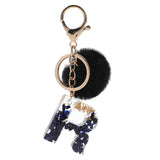 LoveFery - Black Pompom Letter Keychain Glitter Gradient Resin A-Z Initials Alphabet Keyring Pendant Women Handbag Phone Decorative Gift