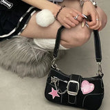 LoveFery - Y2k Cool Shoulder Bag for Women Heart Letter Star Applique Chain Black Handbag Hip Hop Punk High Quality Cute Underarm Bag