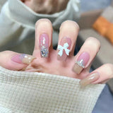 24pcs Bridal Nail Art tips with design press on nails long false nails glue coffin nail tips Rhinestones Glitter stick on nails