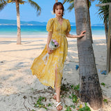 lovefery Summer Bohemian Yellow Women's Senior Sense Chiffon V-neck High Waist Thin Temperament Elegant Fashion Seaside Resort Long Dress