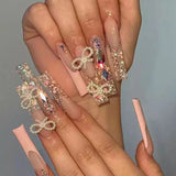 24Pcs French Long Ballet Nails Set Press on Long False Nails with Pink Rhinestone Wearable Coffin Fake Nails Full Cover Nail Tip