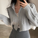 Autumn Winter Women's Clothing Korean INS Long Sleeve Polo Collar Sweater Coat Retro Double Zipper Twists Knitted Cardigan