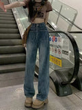 lovefery Retro Blue Distressed Korean Version High-waisted High-straight Design Loose Jeans