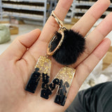 LoveFery - Black Pompom Letter Keychain Glitter Gradient Resin A-Z Initials Alphabet Keyring Pendant Women Handbag Phone Decorative Gift