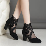 lovefery New Fashion Women High Heels Lace Flower Ankle Strap Hollow Out Sandals Round Toe Zip Pumps Zapatos De Mujer