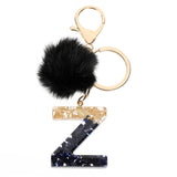 LoveFery - Black Pompom Letter Keychain Glitter Gradient Resin A-Z Initials Alphabet Keyring Pendant Women Handbag Phone Decorative Gift