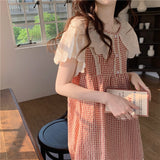 lovefery Plaid Retro Elegant Casual NightDress Soft Ruffles Sweet Simple Summer O-Neck Princess Long Sleepwear Cotton Lace Short sleeve