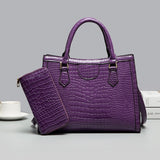 LoveFery - Crocodile Pattern Composite Womens Handbags 2 Pecs/set Fashion Women Bag Big Female Vintage Shoulder Bags Purple Ladies Bolsa