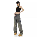 lovefery Hong Kong Style Retro High Waisted Workwear Jeans, Women's Summer New Unique Design, Straight Pocket, Floor Long Pants