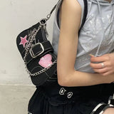 LoveFery - Y2k Cool Shoulder Bag for Women Heart Letter Star Applique Chain Black Handbag Hip Hop Punk High Quality Cute Underarm Bag